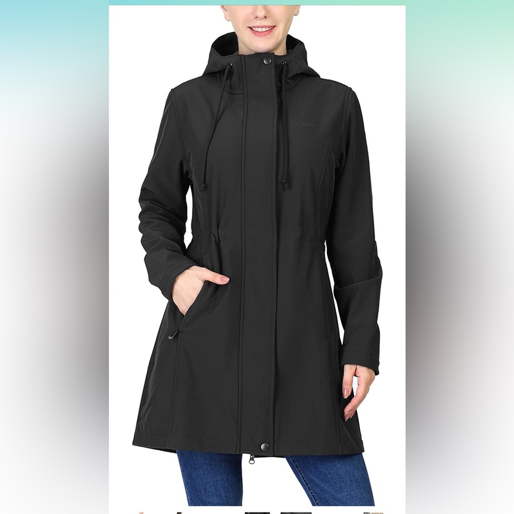 Women's Softshell Long Jacket with Hood Fleece Lined Waterproof Windbreaker